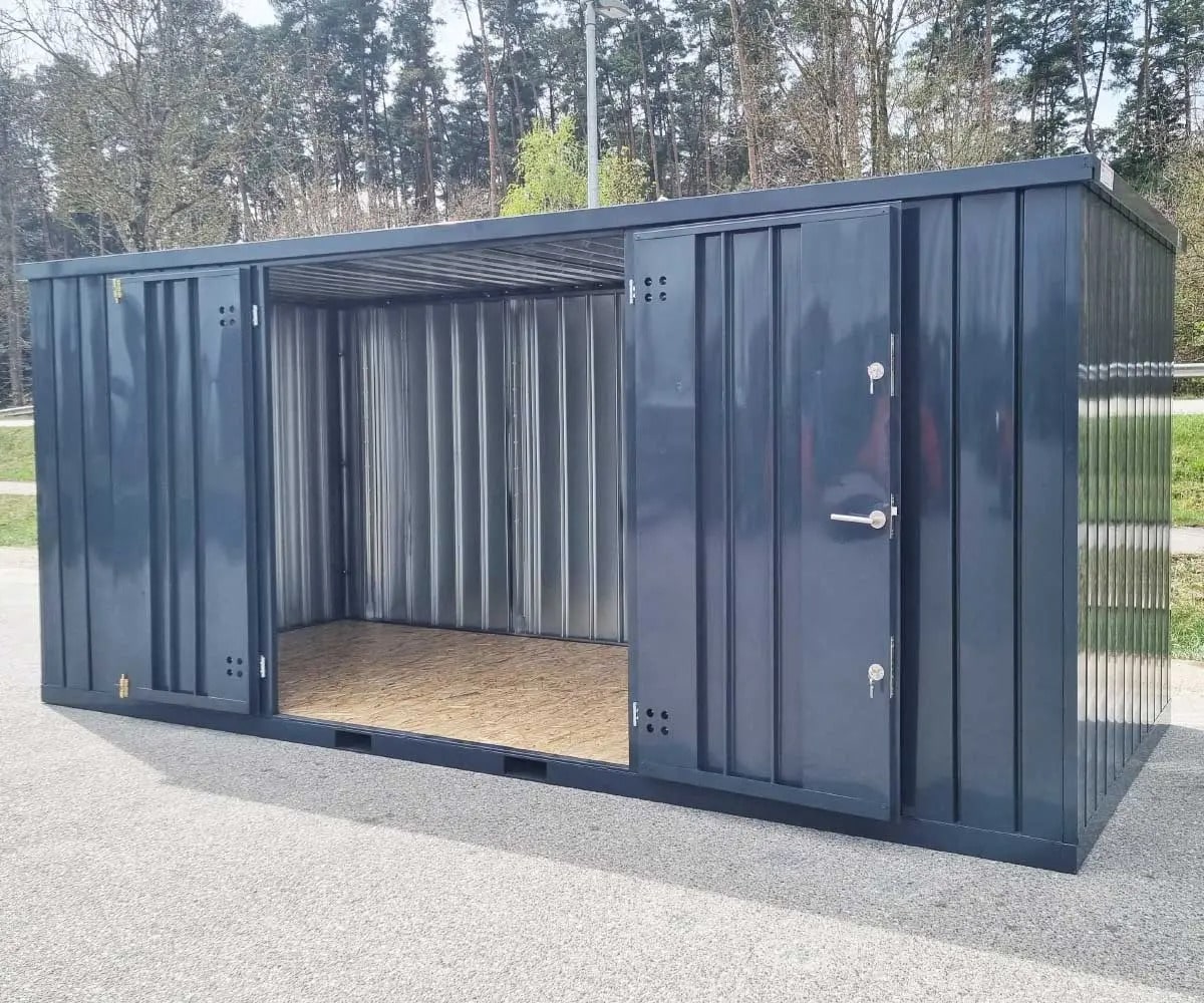 Materialcontainer MC5 lackiert RAL 7016 Anthrazitgrau | H 2090 x B 2142 x T 4882 mm | Tür längsseitig zweiflügelig