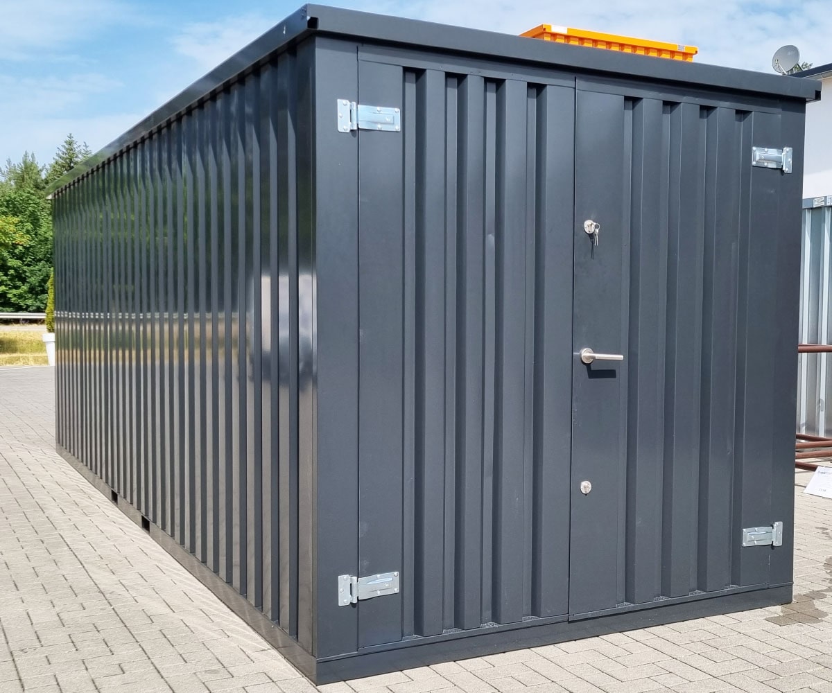 Materialcontainer MC6 lackiert RAL 7021 Schwarzgrau | H 2090 x B 2142 x T 5882 mm | Tür stirnseitig zweiflügelig
