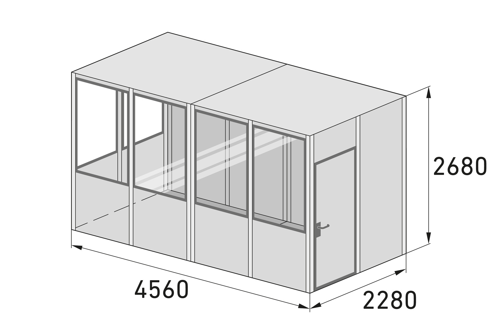 Hallenbüro Meisterbüro Indoor für Lager & Produktion | H 2680 x T 2280 x L 4560 mm | 6 Fenster | 1 Tür