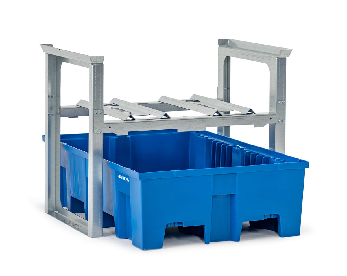 Fassregale | H 837 x T 1245 x L 1049 mm | für 2 Fässer à 60 l | Auffangwanne Kunststoff | stapelbar