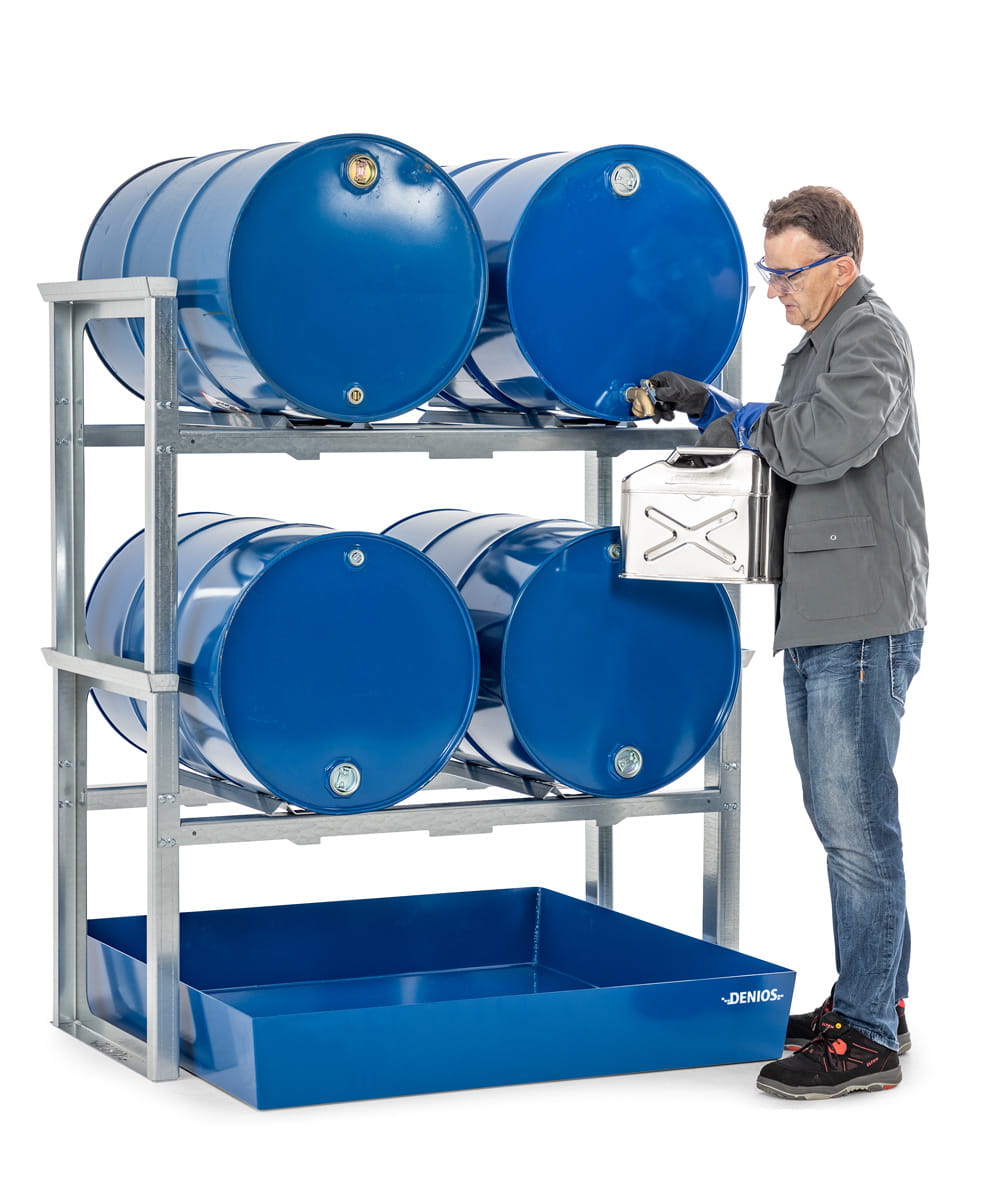 Fassregale | H 1637 x T 1210 x L 1429 mm | für 4 Fässer à 200 l | Auffangwanne lackiert | stapelbar