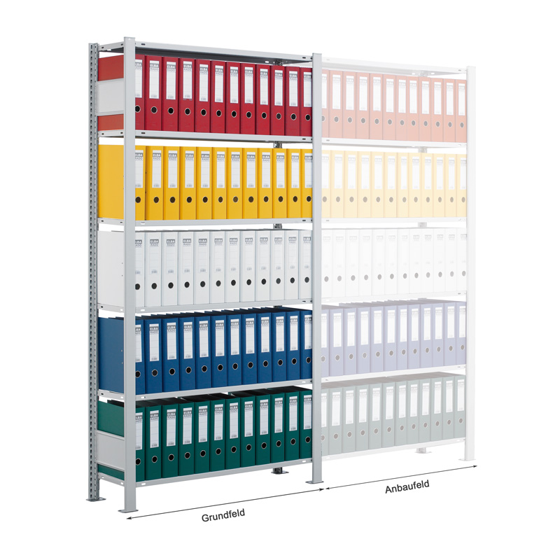 Büroregal SCHULTE | Anbauregal | H 1800 x T 300 x L 1000 mm | für 48 Ordner | 5 Fachböden | einseitig | lackiert