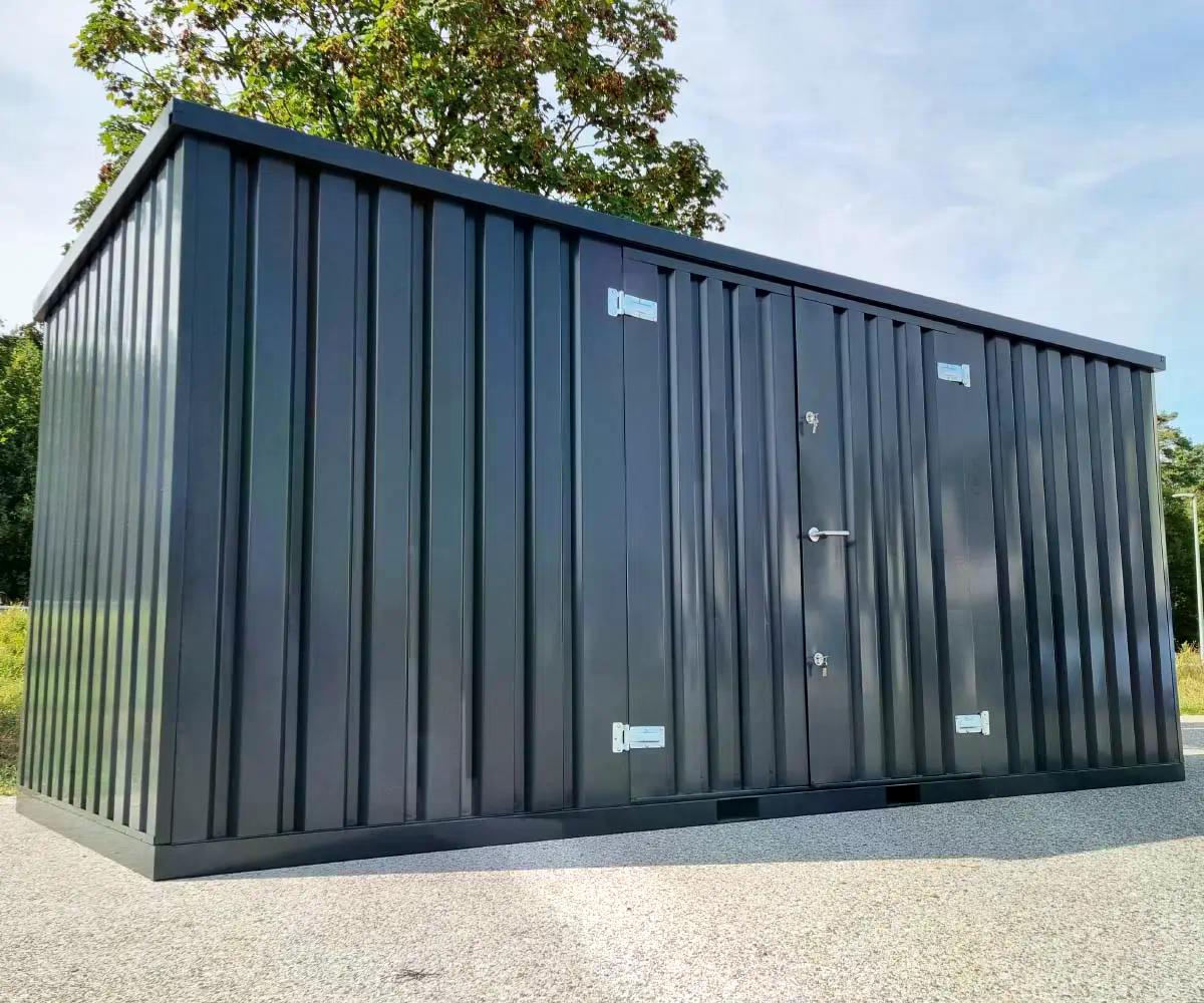 Materialcontainer MC5 lackiert RAL 7021 Schwarzgrau | H 2090 x B 2142 x T 4882 mm | Tür längsseitig zweiflügelig