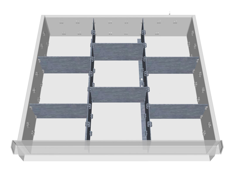 Schubladeneinsatz für Werkstattschrank | Metallteiler | für Innenmaß 450 x 400 mm | Fronthöhe 100 mm | 9 Fächer