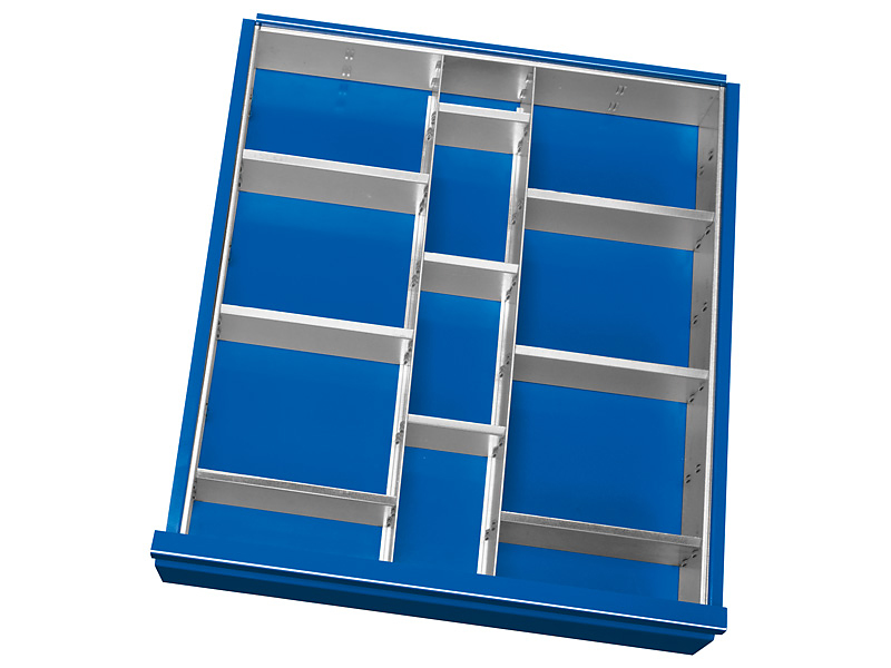 Schubladeneinsatz für Werkbänke | H 90 x T 560 x B 490 mm | Metallteiler für Fronthöhe 120-150 mm | 12 Fächer