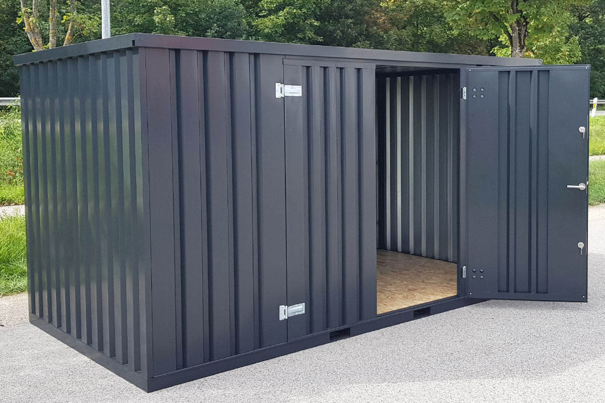 Materialcontainer MC3 lackiert RAL 7021 Schwarzgrau | H 2090 x B 2142 x T 2950 mm | Tür längsseitig zweiflügelig