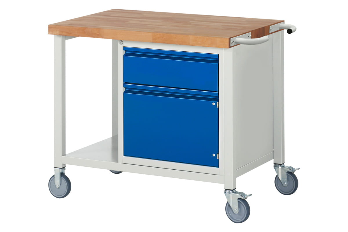 Werkbank fahrbar | H 880 x T 700 x B 1000 mm | mit 1 Tür, 1 Schublade H 180 mm