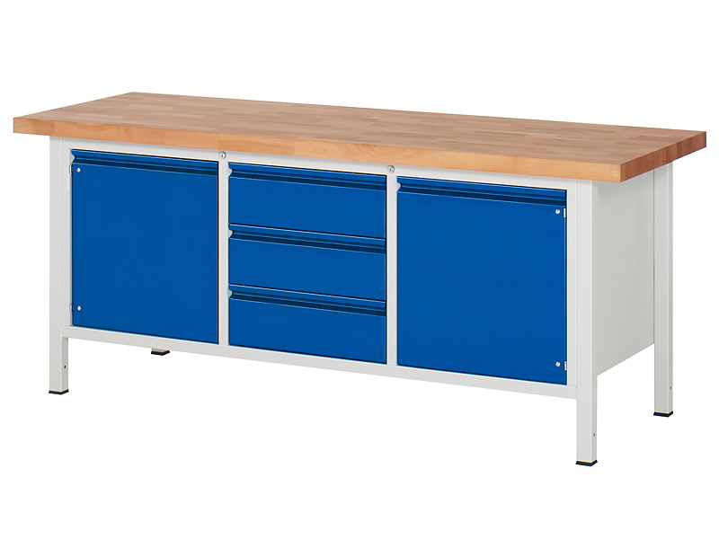 Werkbank | H 840 x T 700 x B 2000 mm | mit 2 Türen + 3 Schubladen H 180 mm