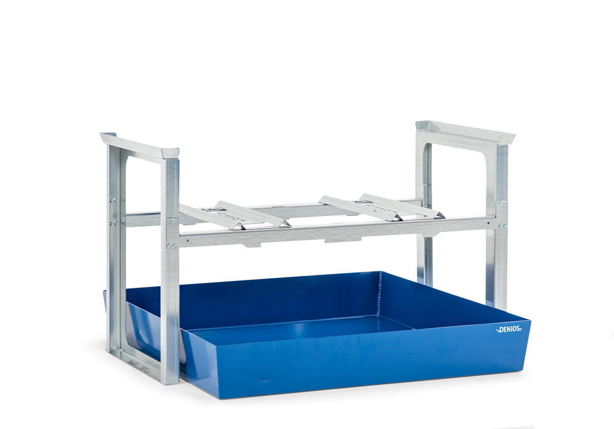 Fassregale | H 837 x T 1210 x L 1429 mm | für 2 Fässer à 200 l | Auffangwanne lackiert | stapelbar