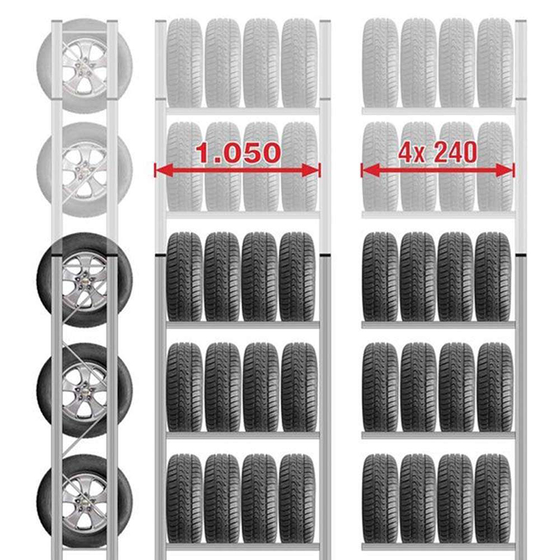 Reifenregal UNIRACK | Anbauregal | H 3000 x T 400 x L 1050 mm | 4 Ebenen | Fachlast 200 kg | für 16 Räder