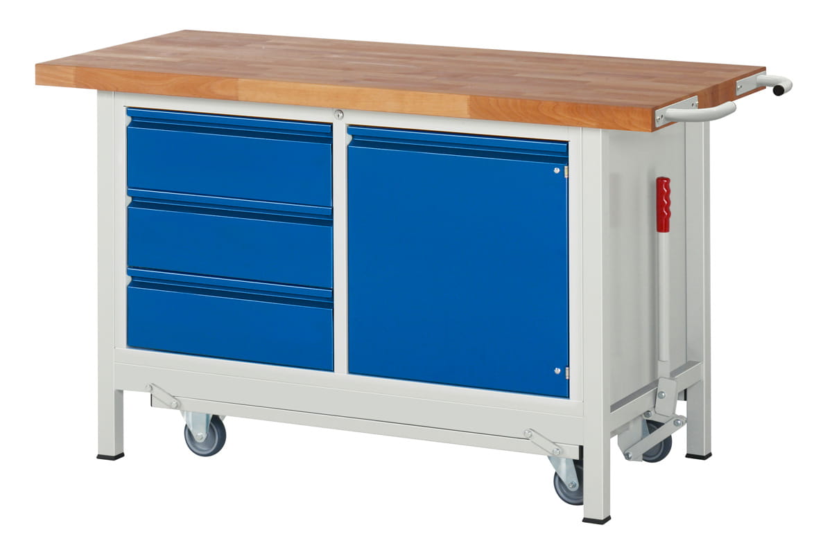 Werkbank mit absenkbarem Fahrgestell | H 880 x T 700 x B 1500 mm | mit 1 Tür + 3 Schubladen H 180 mm