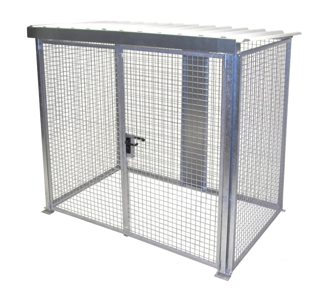 Gasflaschencontainer | Gittercontainer | H 2190 x B 1500 x L 2400 mm | mit Dach | Doppelflügeltor | feuerverzinkt | für 54 Gasflaschen