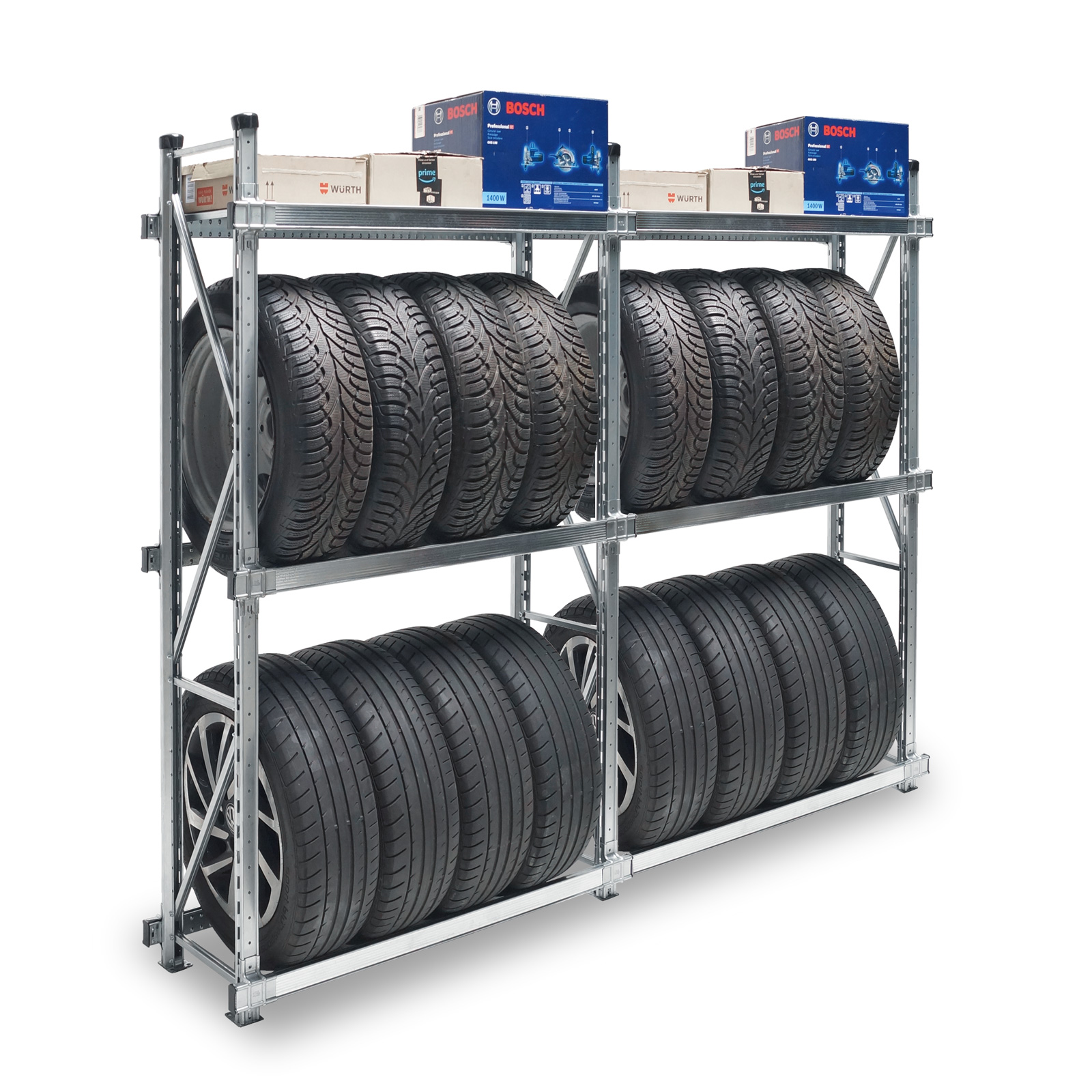 Kombi-Werkstattregal GENIUS | Komplettregal | H 1700 x T 400 x L 2200 mm | 2 Ebenen Reifenlagerung | 1 Ebene mit Fachboden