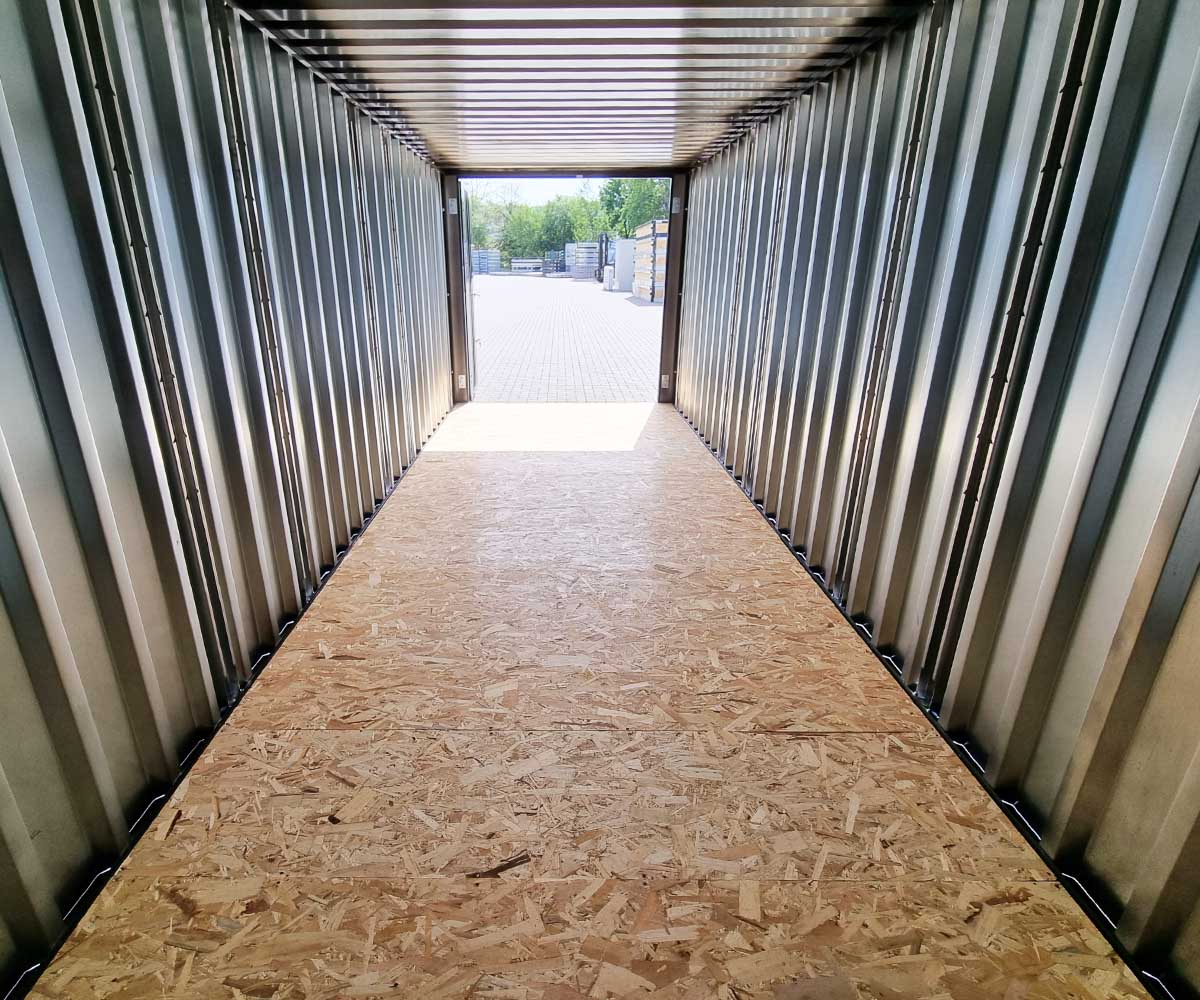 Materialcontainer MC6 lackiert RAL 7021 Schwarzgrau | H 2090 x B 2142 x T 5882 mm | Tür stirnseitig zweiflügelig