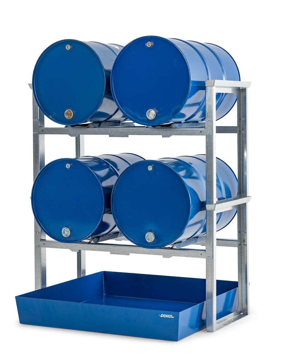 Fassregale | H 1637 x T 1210 x L 1429 mm | für 4 Fässer à 200 l | Auffangwanne lackiert | stapelbar