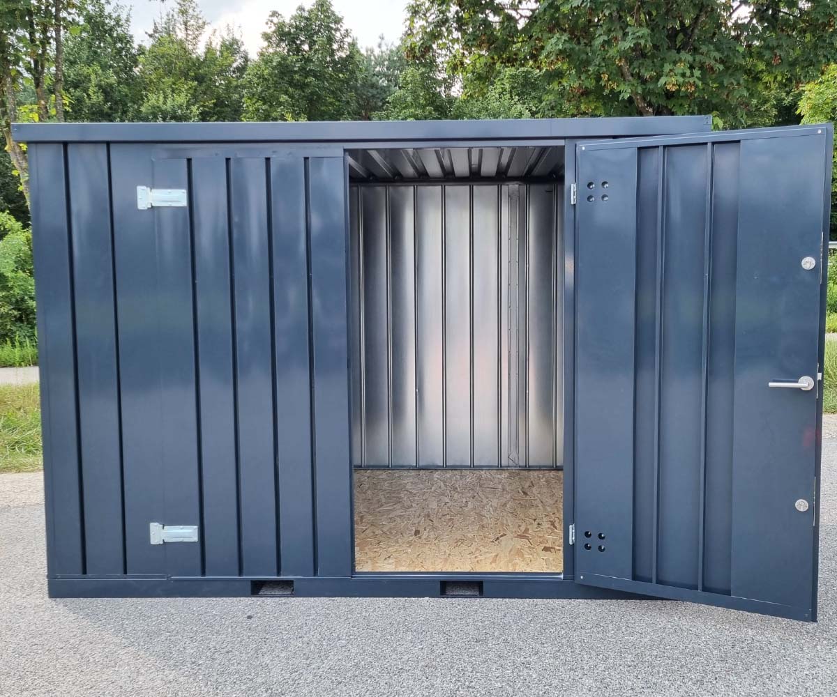 Materialcontainer MC4 lackiert RAL 7016 Anthrazitgrau | H 2090 x B 2142 x T 3882 mm | Tür längsseitig zweiflügelig