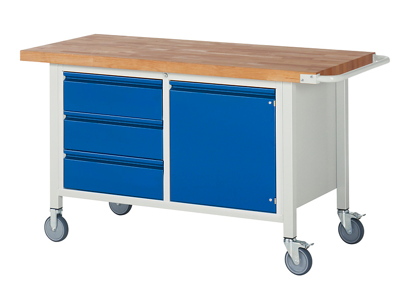 Werkbank mit Rollen | H 880 x T 700 x B 1500 mm | mit 1 Tür + 3 Schubladen H 180 mm