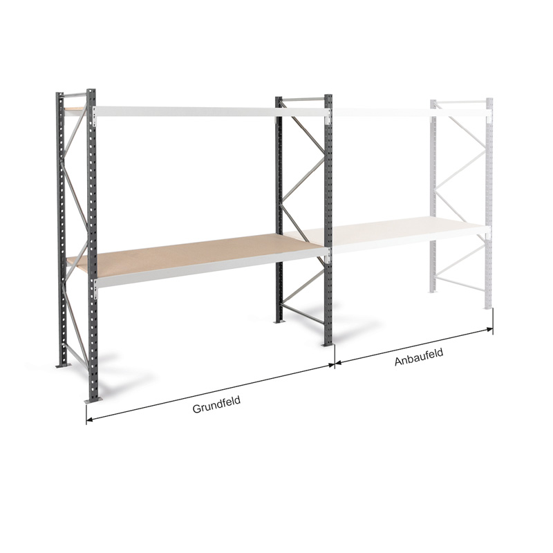 Weitspannregal EPSIVOL | Anbauregal | H 2000 x T 600 x L 2250 mm | 2 Fachböden | Fachlast 500 kg | lackiert