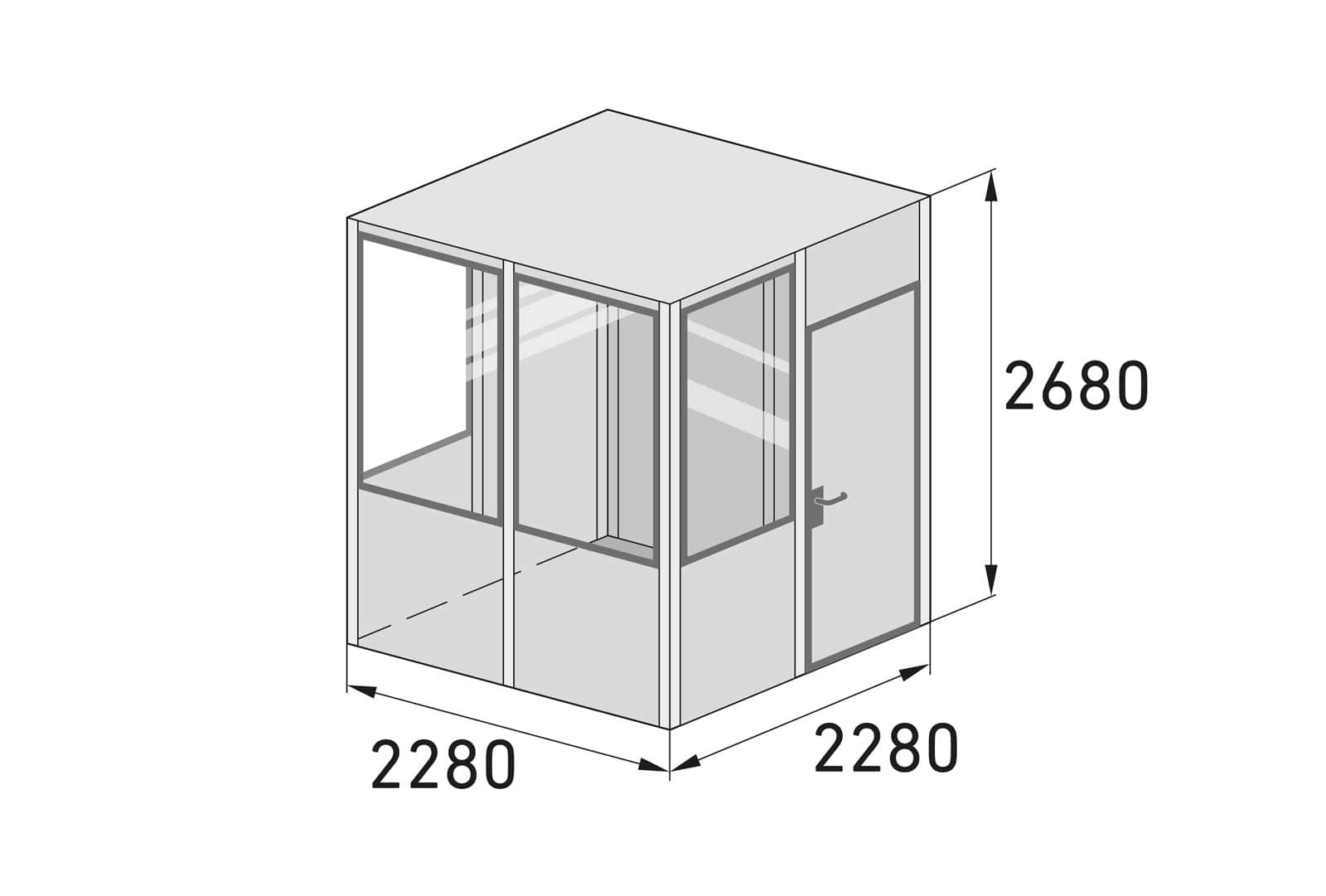 Hallenbüro Meisterbüro Indoor für Lager & Produktion | H 2680 x T 2280 x L 2280 mm | 4 Fenster | 1 Tür | mit Elektropaket Mini