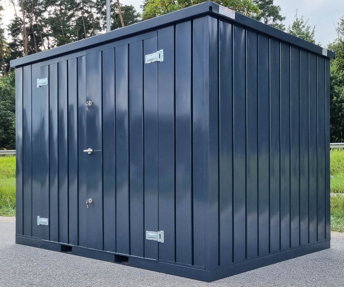 Materialcontainer MC3 lackiert RAL 7016 Anthrazitgrau | H 2090 x B 2142 x T 2950 mm | Tür längsseitig zweiflügelig