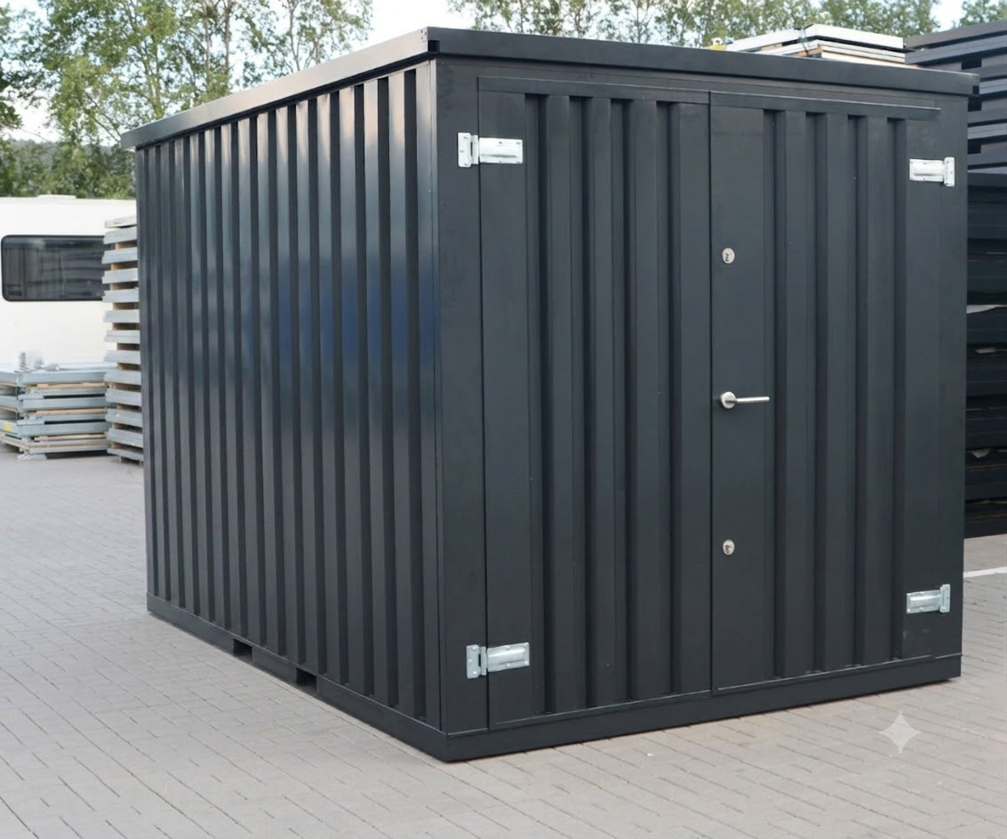 Materialcontainer MC2 lackiert RAL 7021 Schwarzgrau | H 2090 x B 2142 x T 2022 mm | Tür stirnseitig zweiflügelig