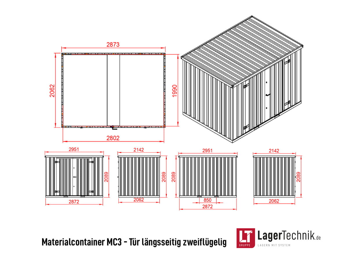 Materialcontainer MC3 verzinkt | H 2090 x B 2142 x T 2950 mm | Tür längsseitig zweiflügelig