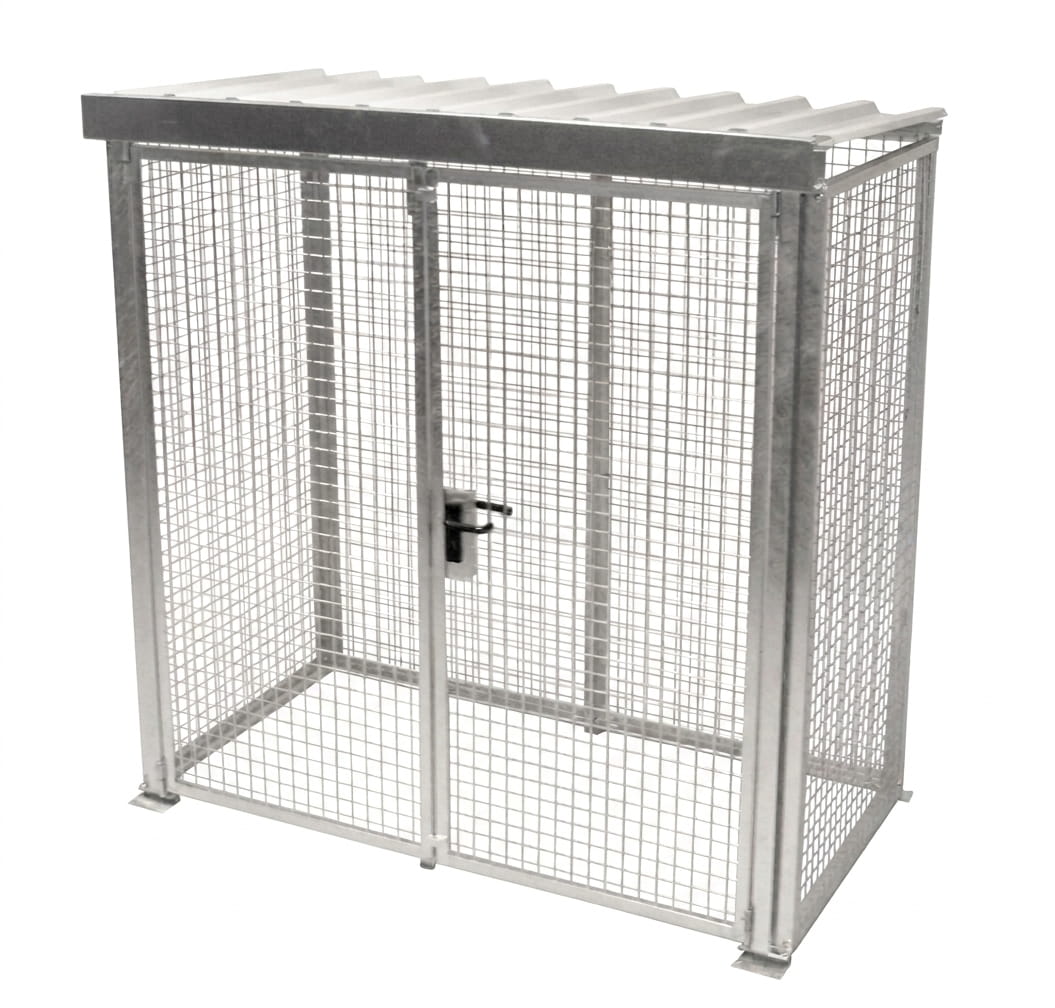 Gasflaschencontainer | Gittercontainer | H 2190 x B 1085 x L 2100 mm | mit Dach | Doppelflügeltor | feuerverzinkt | für 32 Gasflaschen