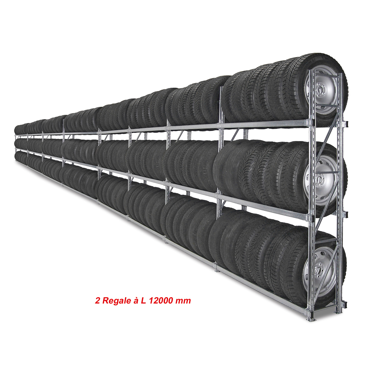 Reifenregal GENIUS | Komplettregal für Reifencontainer RC40 | 2x H 2000 x T 400 x L 12000 mm | 3 Ebenen | Fachlast 300 kg | für 288 Räder
