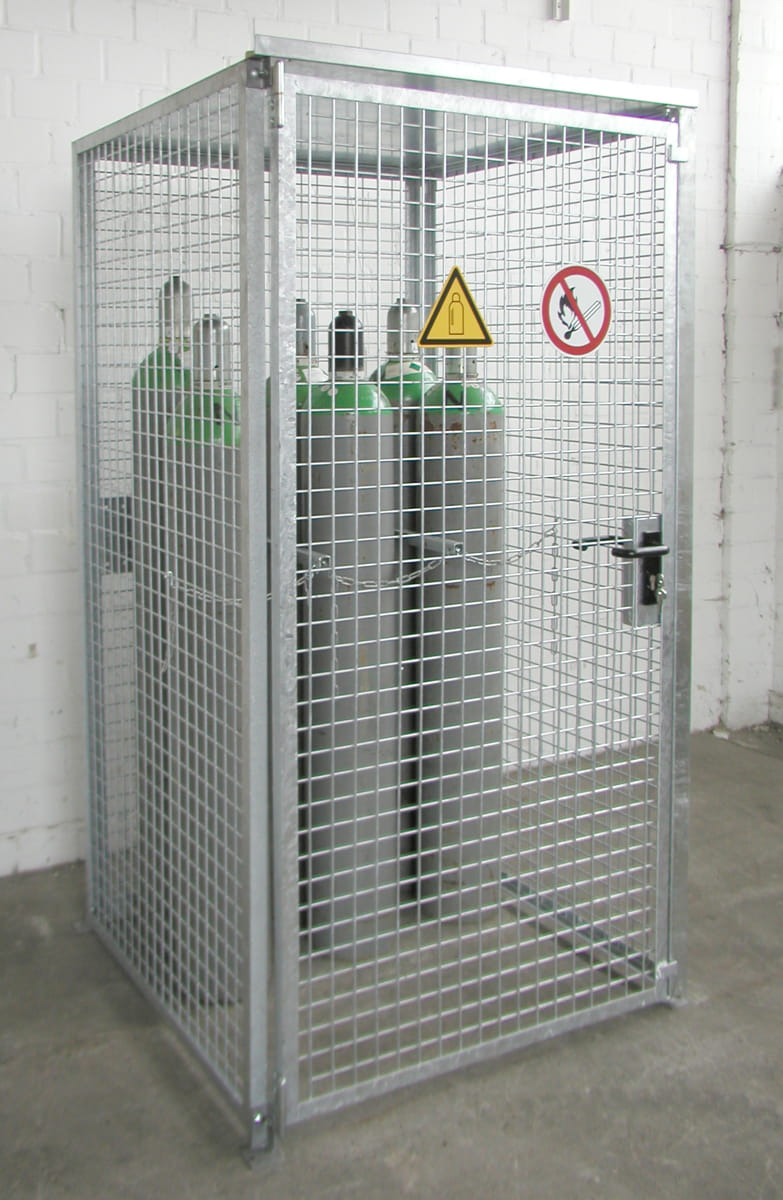 Gasflaschencontainer | Gittercontainer | H 2100 x B 1085 x L 1085 mm | mit Dach | Flügeltor | feuerverzinkt | für 16 Gasflaschen