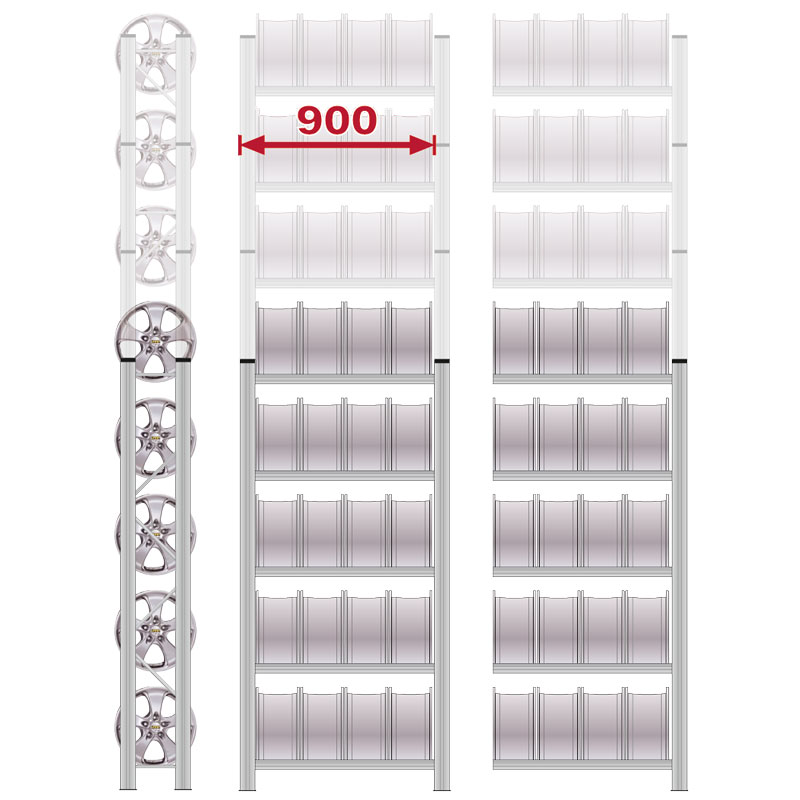 Felgenregal UNIRACK | Anbauregal | H 2500 x T 300 x L 900 mm | 6 Ebenen | Fachlast 200 kg | bis zu 36 Felgen