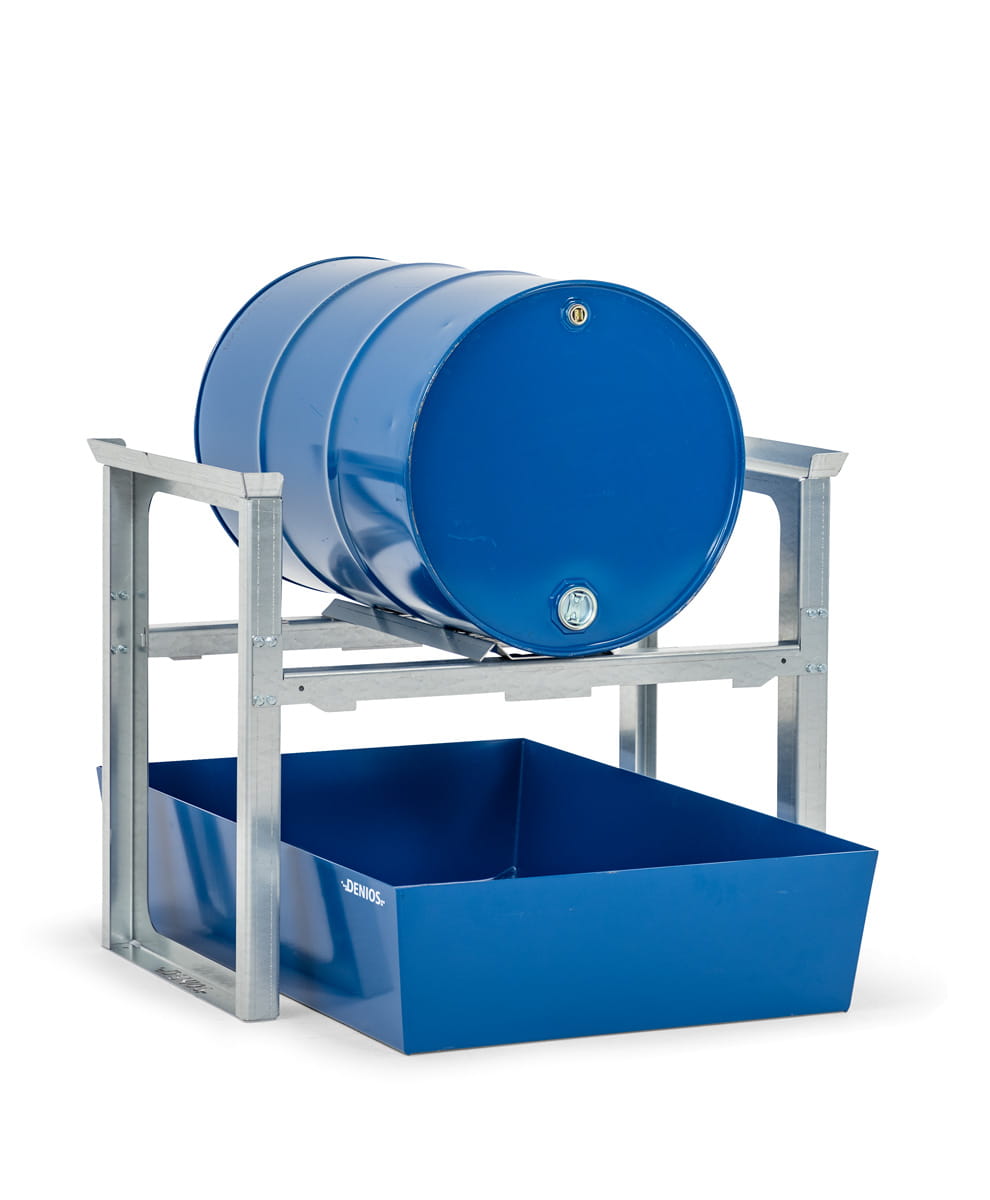 Fassregale | H 837 x T 1236 x L 1049 mm | für 1 Fass à 200 l | Auffangwanne lackiert | stapelbar