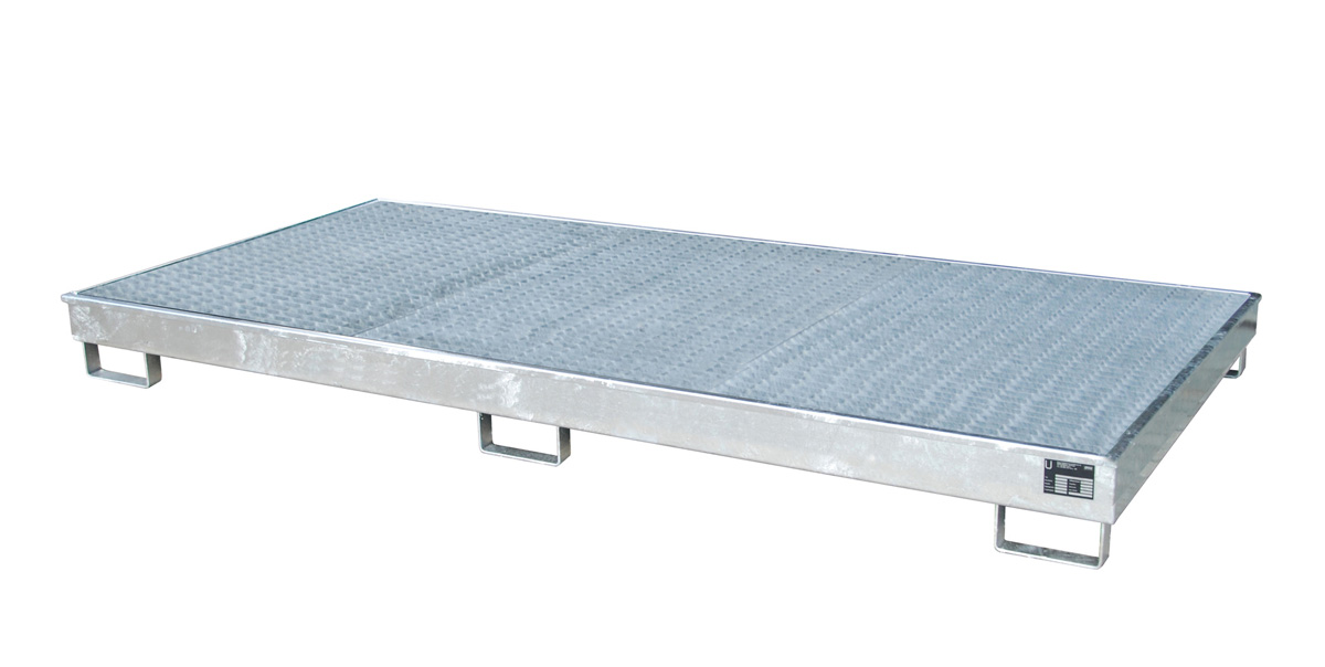 Auffangwanne für Gefahrstoffe für Palettenregal Balkenlänge 2700 mm | L 2665 x T 1315 x H 210 mm | mit PE-Kunststoffeinsatz | mit Gitterrost