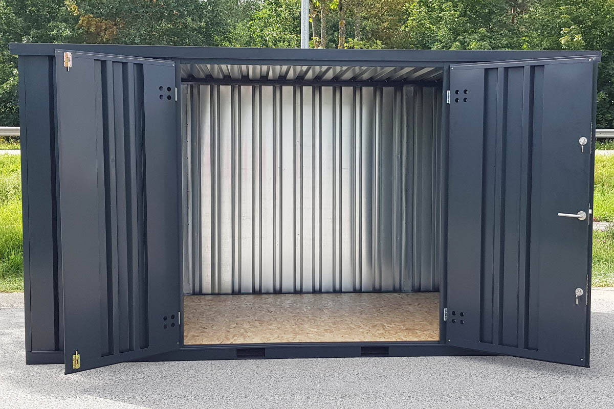 Materialcontainer MC3 lackiert RAL 7021 Schwarzgrau | H 2090 x B 2142 x T 2950 mm | Tür längsseitig zweiflügelig