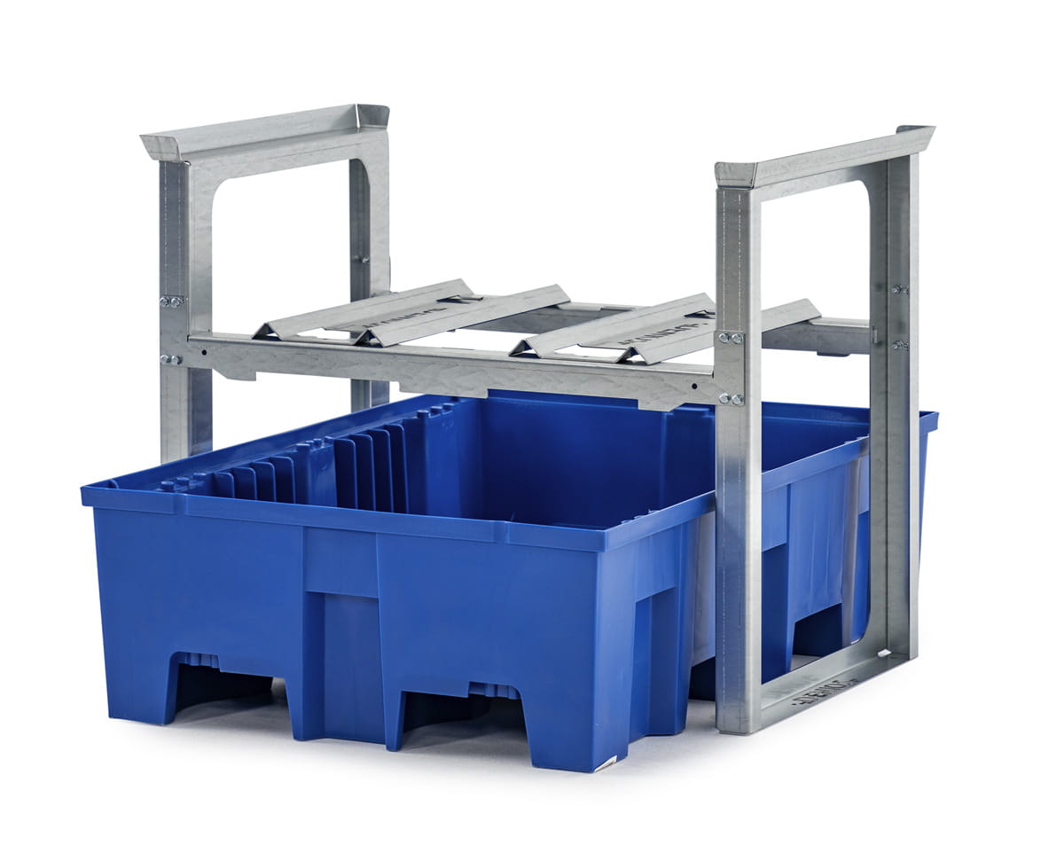 Fassregale | H 837 x T 1245 x L 1049 mm | für 2 Fässer à 60 l | Auffangwanne Kunststoff | stapelbar