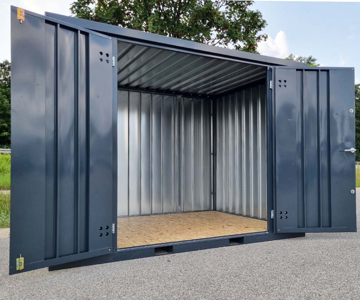 Materialcontainer MC4 lackiert RAL 7016 Anthrazitgrau | H 2090 x B 2142 x T 3882 mm | Tür längsseitig zweiflügelig