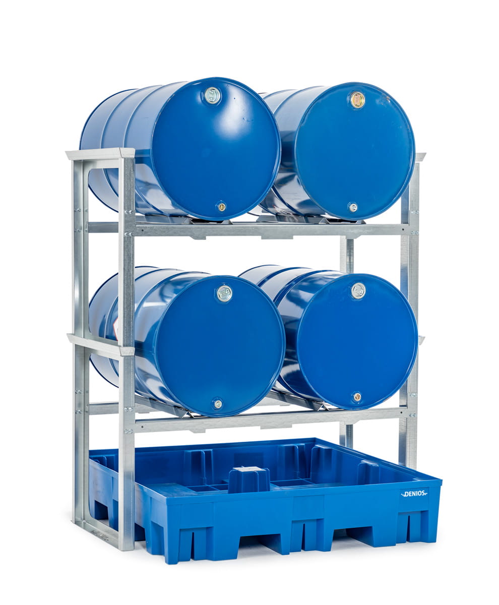 Fassregale | H 1637 x T 1235 x L 1429 mm | für 4 Fässer à 200 l | Auffangwanne Kunststoff | stapelbar