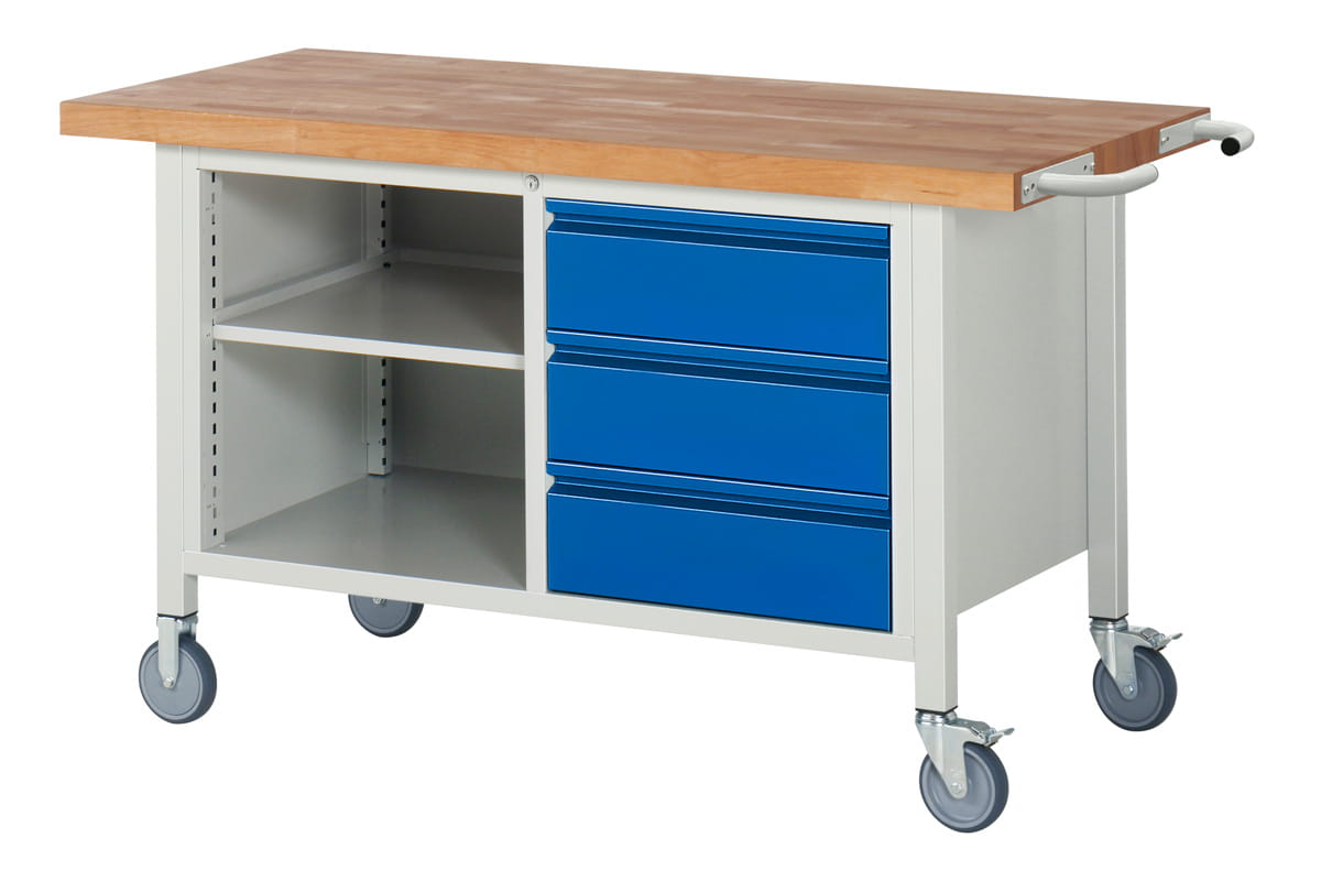 Werkbank fahrbar | H 880 x T 700 x B 1500 mm | mit 3 Schubladen H 180 mm, 1 Ablageboden