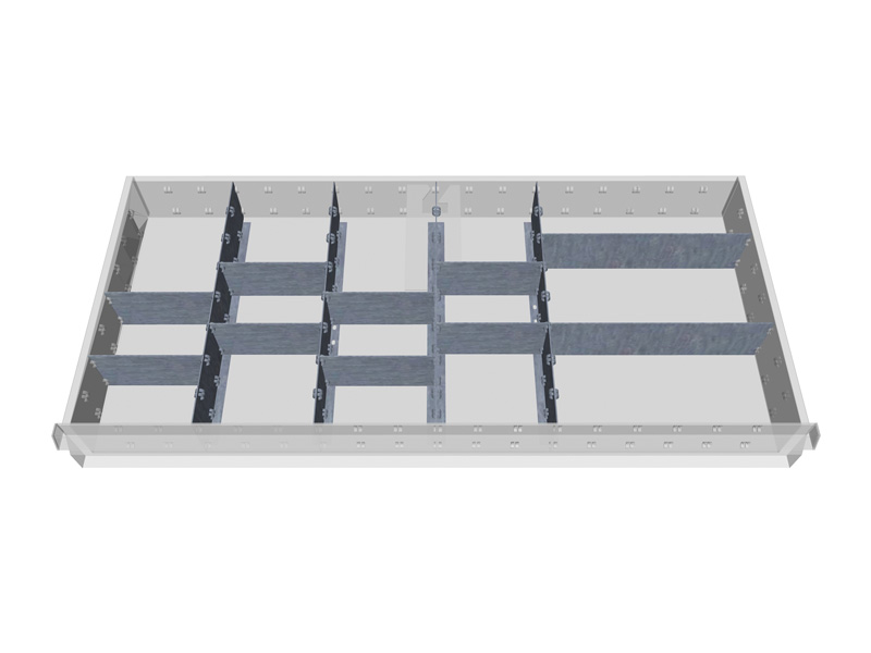 Schubladeneinsatz für Werkstattschrank | Metallteiler | für Innenmaß 900 x 400 mm | Fronthöhe 100 mm | 15 Fächer