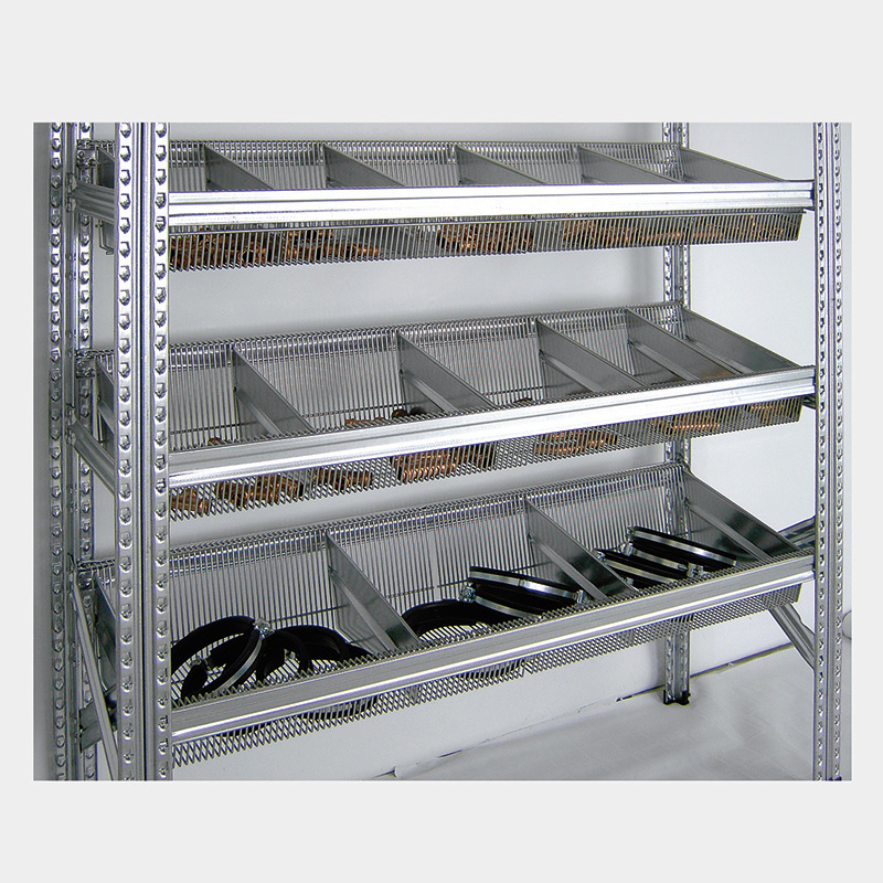 Wannenregal | Schüttgutregal | Grundregal | H 2000 x T 400 x L 1200 mm | 6 Gitterwannen-Ebenen | Fachlast 145 kg