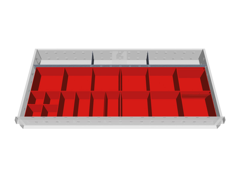 Schubladeneinsatz für Werkstattschrank | Kleinteilekästen/Metallteiler | für Innenmaß 900 x 400 mm | Fronthöhe 100 mm | 17 Kästen + 3 Fächer