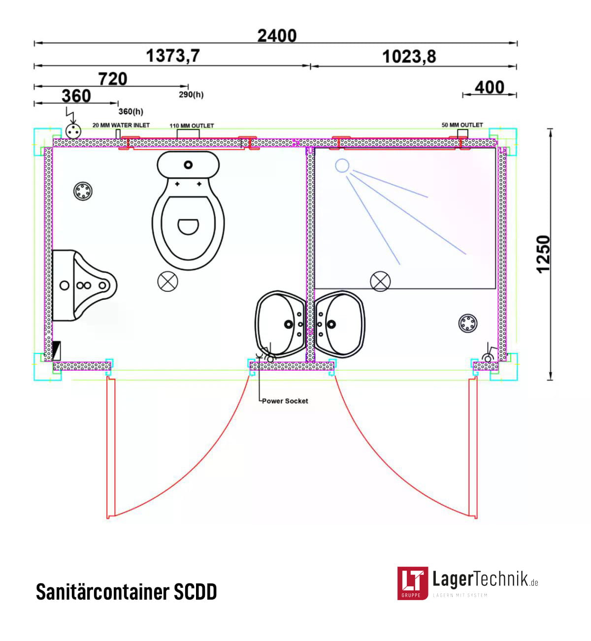 Sanitärcontainer SCDD RAL 9002 Grauweiß | H 2350 x B 2400 x T 1250 mm | 2 Türen | mit Dusche