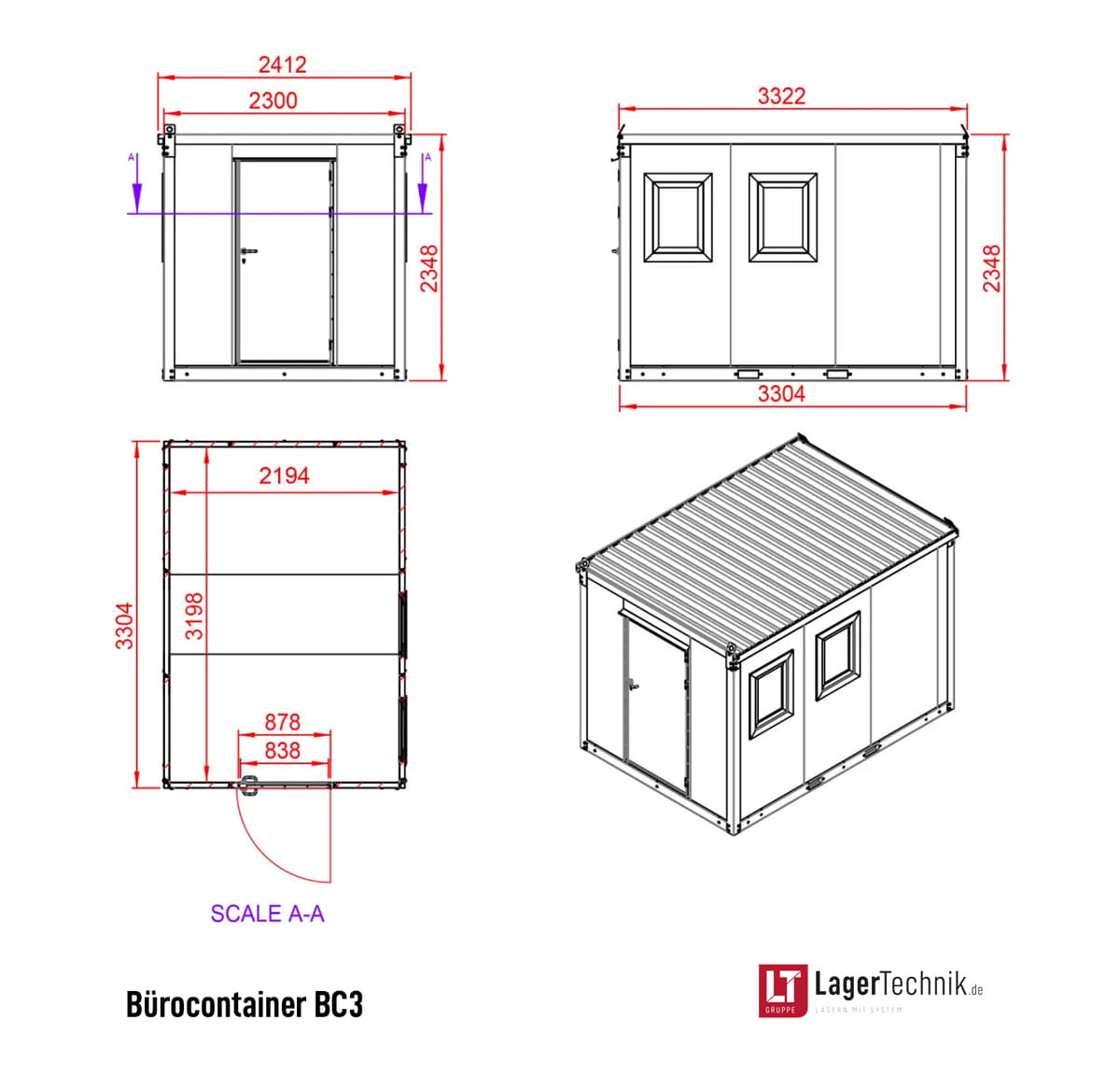 Bürocontainer BC3 RAL 9002 Grauweiß | H 2460 x B 2450 x T 3350 mm | Tür einflügelig