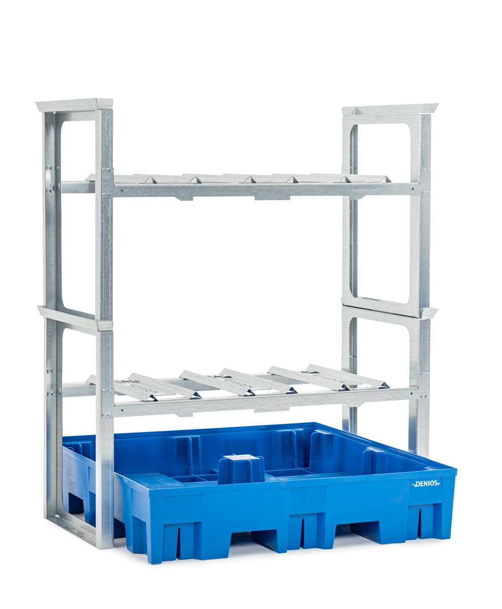 Fassregale | H 1637 x T 1235 x L 1429 mm | für 6 Fässer à 60 l | Auffangwanne Kunststoff | stapelbar