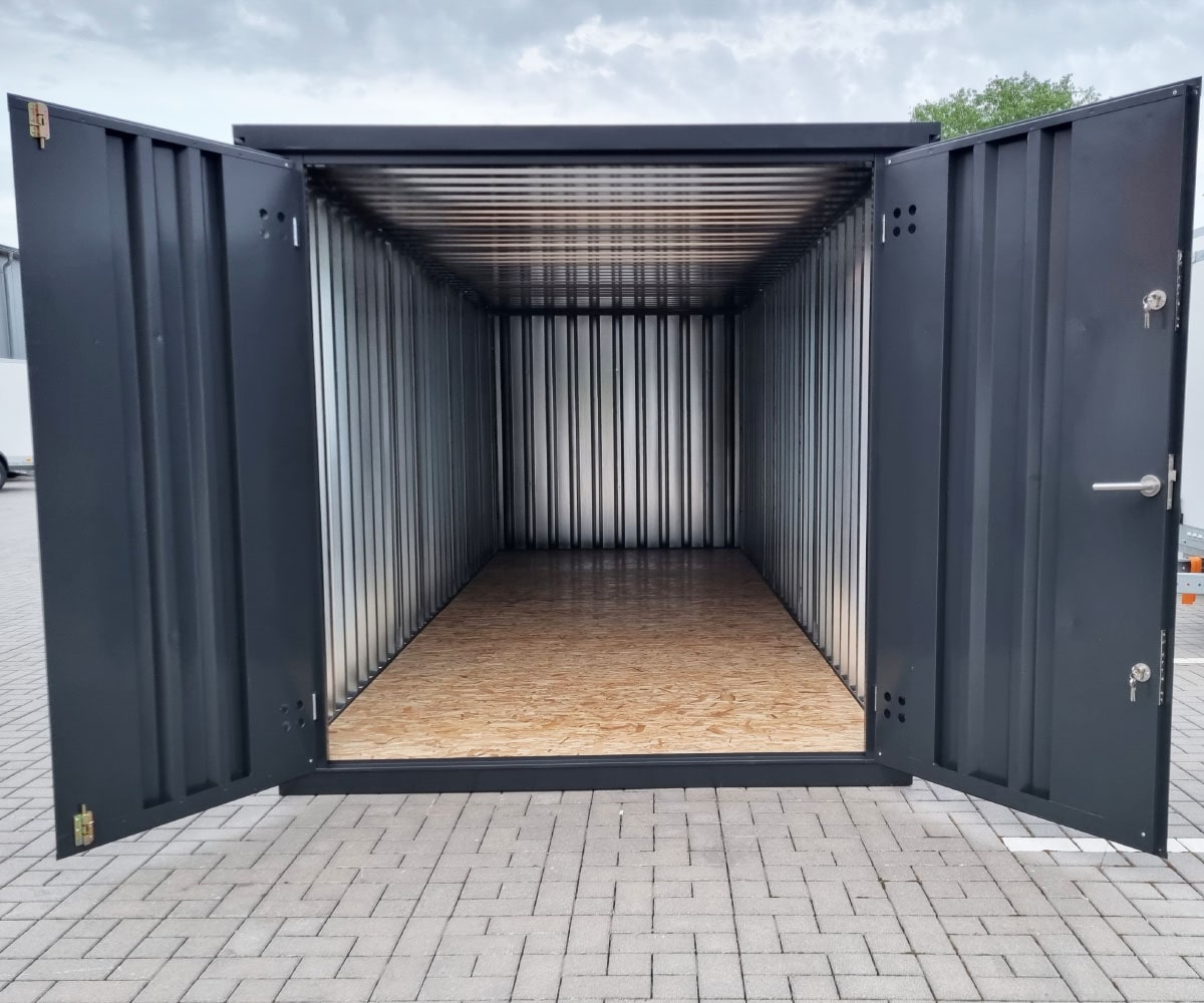Materialcontainer MC6 lackiert RAL 7021 Schwarzgrau | H 2090 x B 2142 x T 5882 mm | Tür stirnseitig zweiflügelig