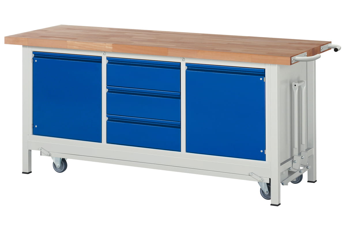 Werkbank absenkbar | H 880 x T 700 x B 2000 mm | mit 2 Türen, 3 Schubladen H 180 mm