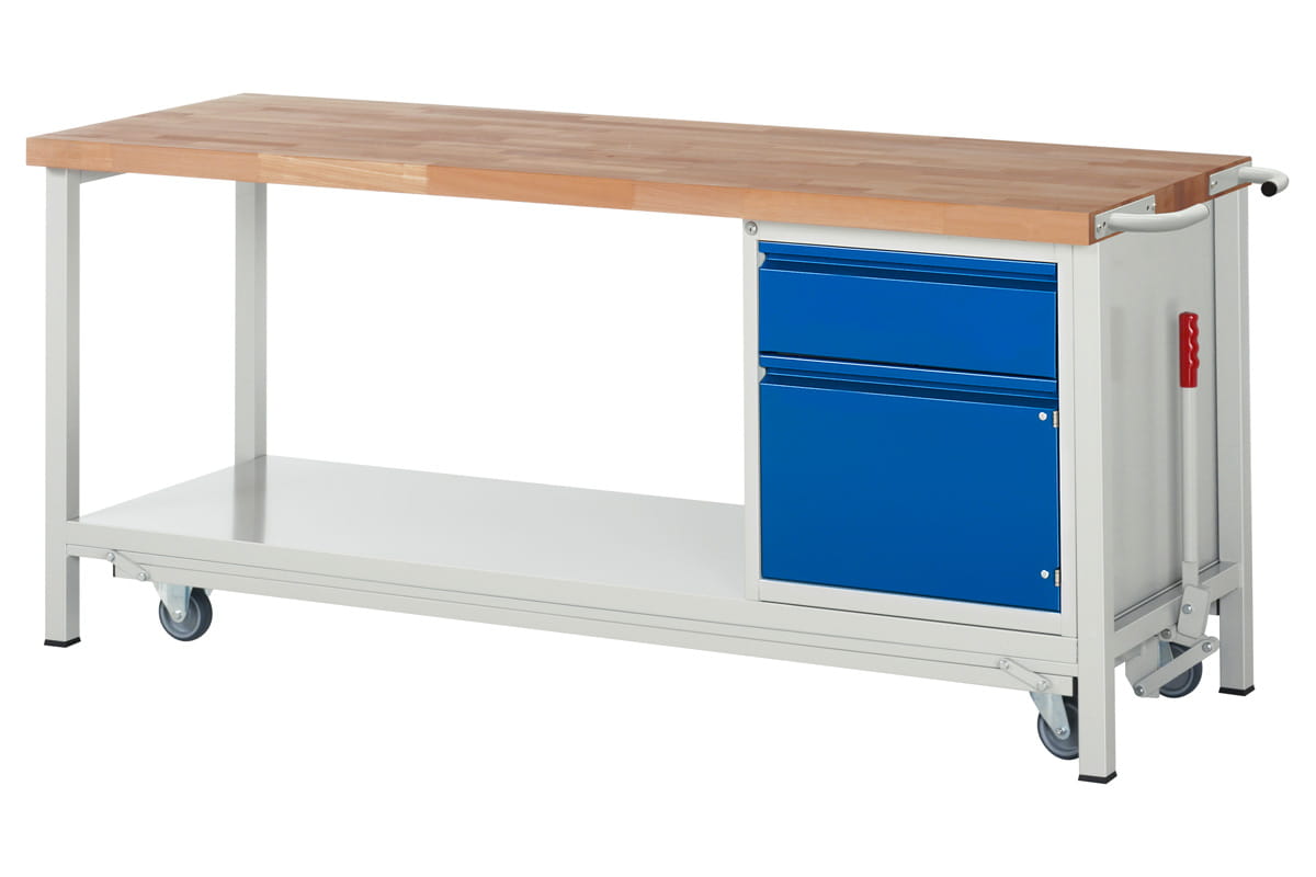 Werkbank absenkbar | H 880 x T 700 x B 2000 mm | mit 1 Tür, 1 Schublade H 180 mm