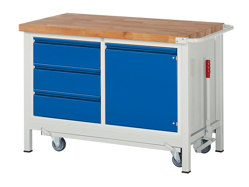 Werkbank mit absenkbarem Fahrgestell | H 880 x T 700 x B 1250 mm | mit 1 Tür + 3 Schubladen H 180 mm