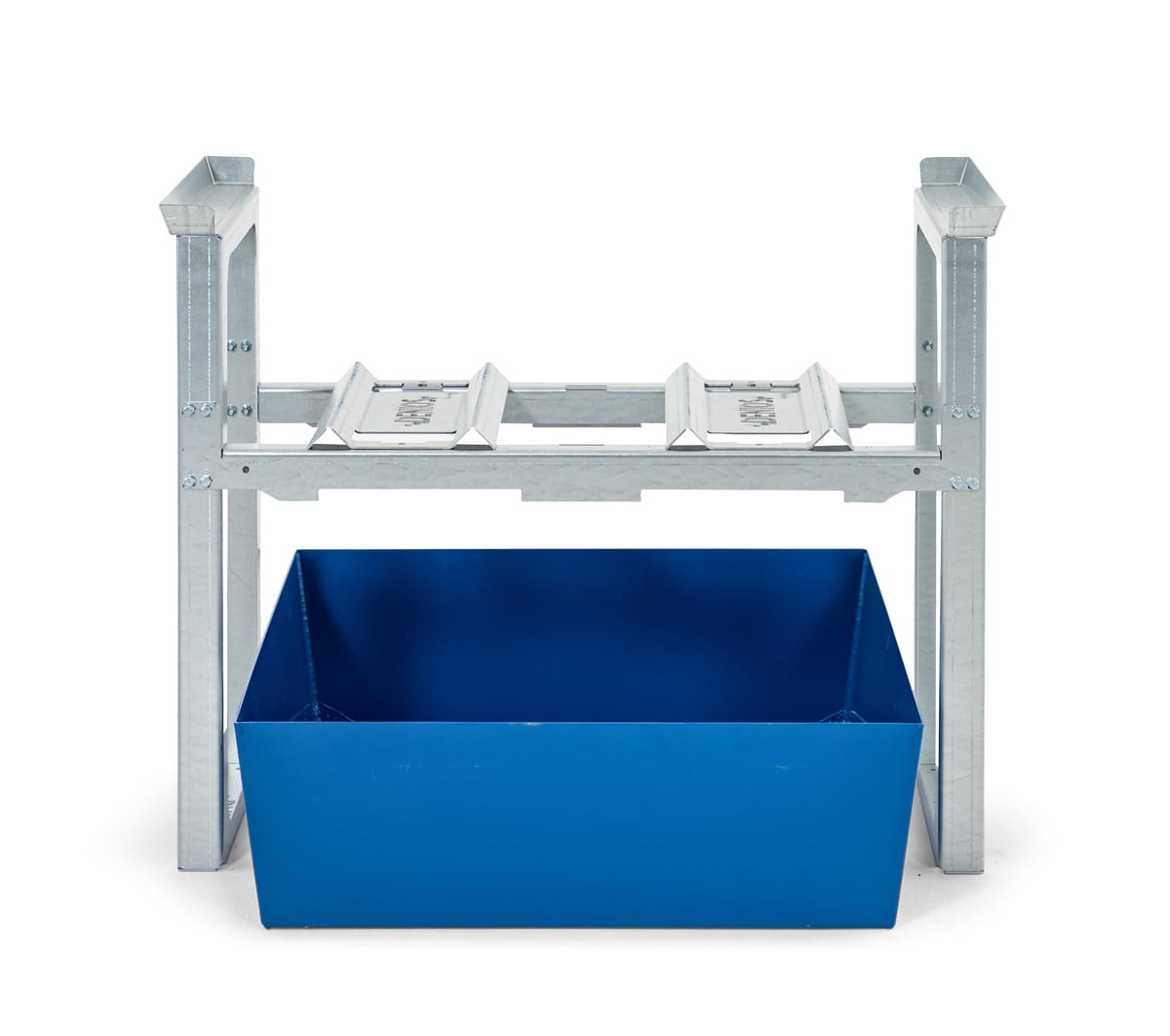Fassregale | H 837 x T 1236 x L 1049 mm | für 2 Fässer à 60 l | Auffangwanne lackiert | stapelbar