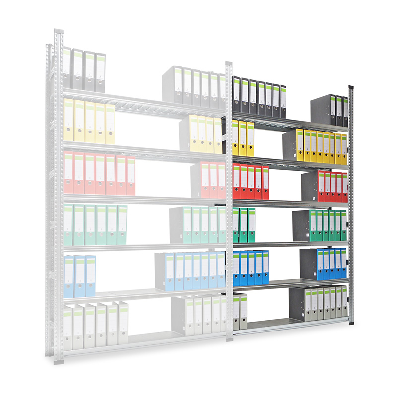 Archivregal Aktenregal SUPER | Anbauregal | H 2200 x T 320 x L 1350 mm | für 90 Ordner | 6 Fachböden | einseitig | verzinkt