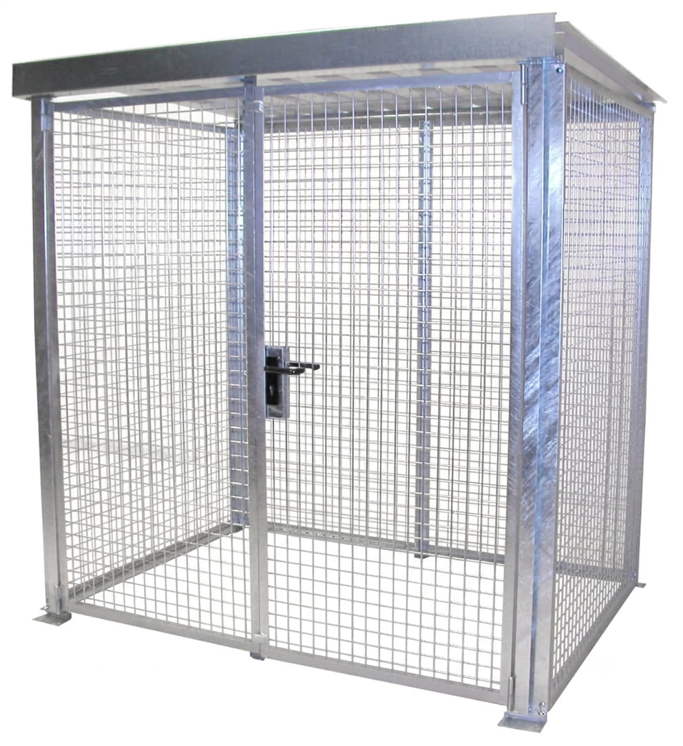 Gasflaschencontainer | Gittercontainer | H 2190 x B 1500 x L 2100 mm | mit Dach | Doppelflügeltor | feuerverzinkt | für 48 Gasflaschen